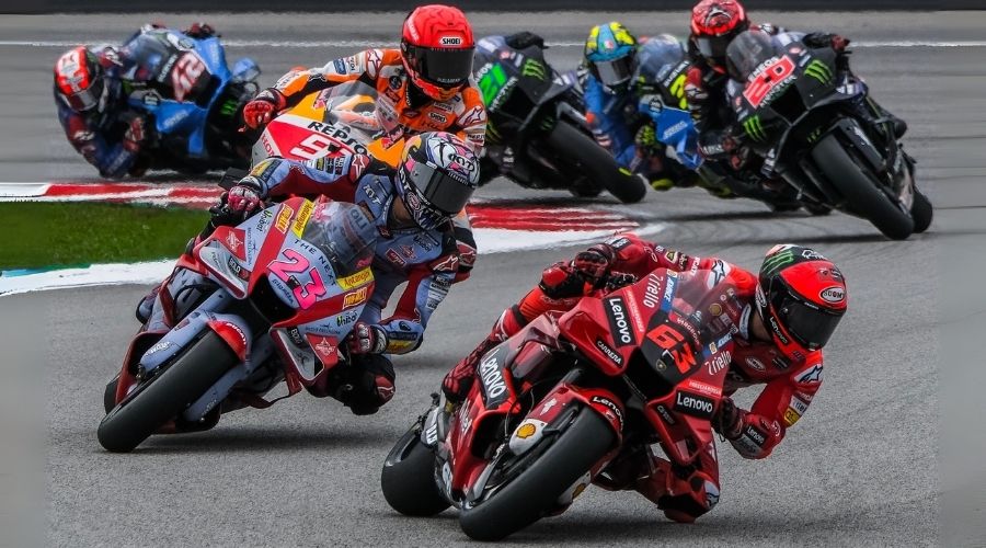 SEPANG, MALAYSIA - OCTOBER 23, 2022: Francesco Bagnaia of Italy and Ducati Lenovo Team rides during the Malaysia Motorcycle Grand Prix (MotoGP) at Sepang International Circuit (SIC).